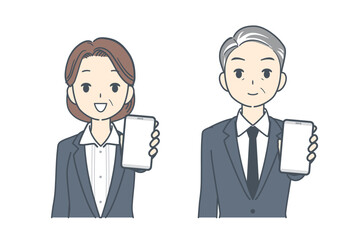 スマートフォンを前に突き出して指して見せる中年のビジネスマンと中年のビジネスウーマンのイラスト