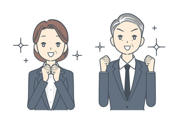 目を輝かせて興奮した中年のビジネスマンと中年のビジネスウーマンのイラスト