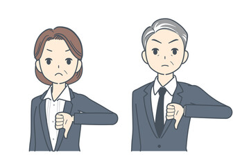 親指を下げて否定する中年のビジネスマンと中年のビジネスウーマンのイラスト