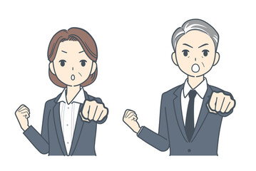 拳を突き出す中年のビジネスマンと中年のビジネスウーマンのイラスト