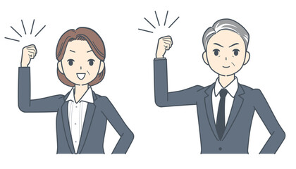 ガッツポーズをする中年のビジネスマンと中年のビジネスウーマンのイラスト