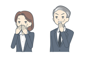 驚いて口を覆う中年のビジネスマンと中年のビジネスウーマンのイラスト