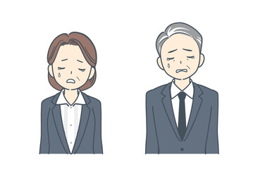 Fototapeta premium 悲しそうに俯く中年のビジネスマンと中年のビジネスウーマンのイラスト