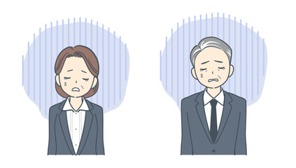 悲しそうに俯く中年のビジネスマンと中年のビジネスウーマンのイラスト