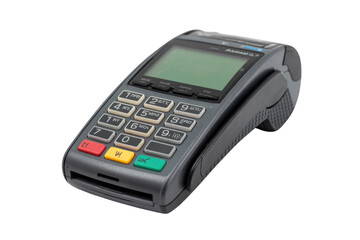 A gray POS terminal with a numeric keypad and screen, isolated on a transparent background. background removed