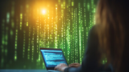 A woman typing on a laptop with a green binary code background, symbolizing programming and digital innovation.