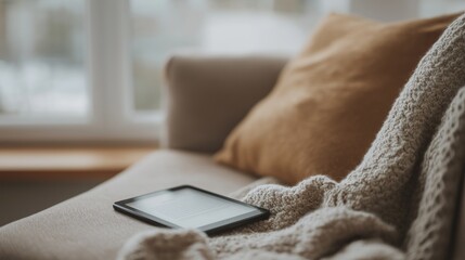 Close-up of a beige armchair with a brown throw pillow and a white blanket draped over it. on the armrest of the chair, there is a black tablet resting on the cushion.
