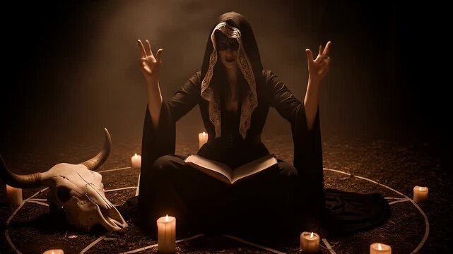 Mysterious woman in black hooded robe sits in a pentagram ritual circle with animal skull and candles under dramatic lighting