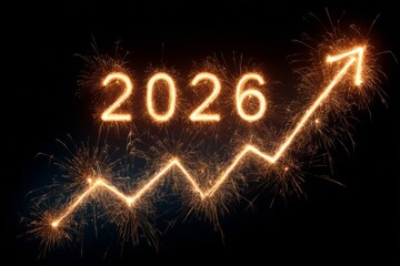 Upward arrow chart ending in glowing 2026 fireworks