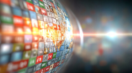An abstract digital globe showcasing diverse multimedia symbols representing global connectivity and information exchange.