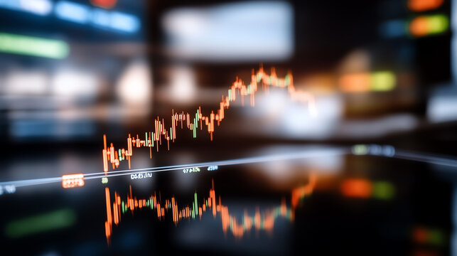Abstract representation of financial data trends showcasing a rising chart against blurred digital background.