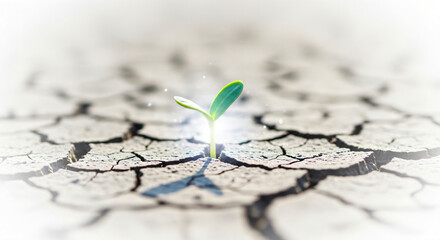 Small green plant sprouting from dry, cracked earth, located in the foreground of the image. The background is blurred, drawing attention to the vibrant green of the plant.