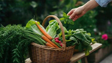 Wicker basket with fresh vegetables in garden setting - Powered by Adobe