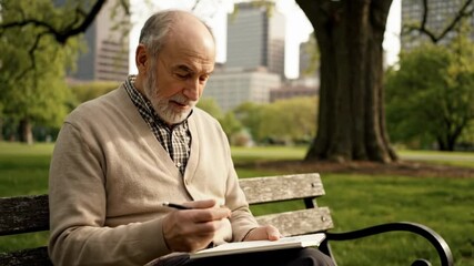 Senior man sketching in park with city skyline backdrop enjoying retirement - Powered by Adobe