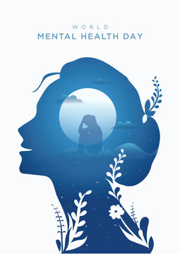 Artistic illustration a women Silhouette of her mind filled emotions surrounded by floral motifs that evoke healing - World Mental Health Day vector art