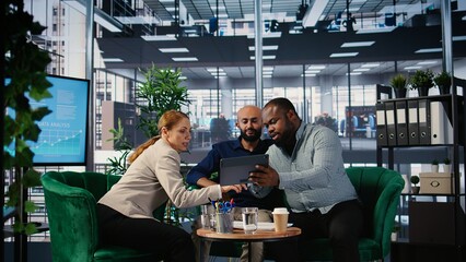 CEO and team members sharing foresight and leadership skills during briefing meeting, strategic thinking and cultural diversity to drive organizational growth. Corporate leaders. Camera A.