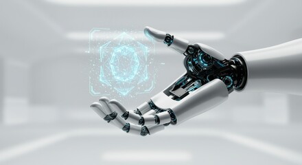 Futuristic Robotic Hand Reaching Out, Holding Glowing Digital Interface, Technology Concept.