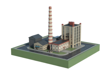 Isometric 3D model of an industrial factory complex with buildings, a tall chimney, and roads. background removed