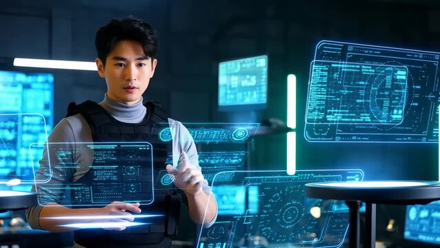Young Asian Male Interacting with Futuristic Technology in a High-Tech Environment