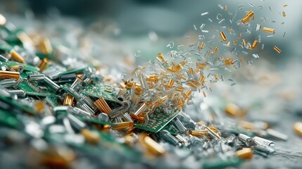 Dynamic image of electronic components scattering from circuit boards symbolizing technology breakdown recycling process and data destruction, Generative AI
