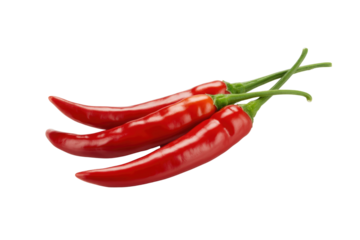 Three vibrant red chili peppers with green stems, isolated on a transparent background. background removed