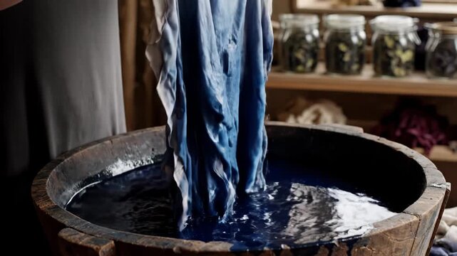 Person dyeing fabric in a wooden tub with natural indigo dye for textile art project