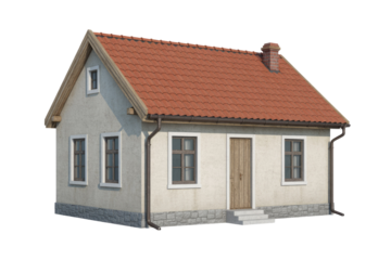 A small, rustic house with a red tile roof, chimney, and stone base. background removed
