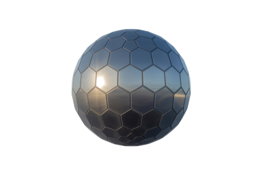 A metallic sphere with hexagonal patterns reflects the sun and sky, creating a futuristic and abstract image. background removed