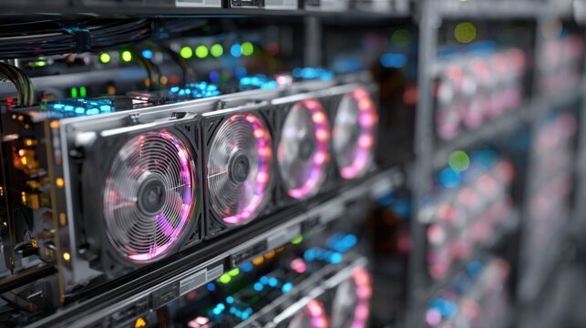 Powerful server racks hum with vibrant LED lights, showcasing advanced technology for data processing and digital infrastructure growth