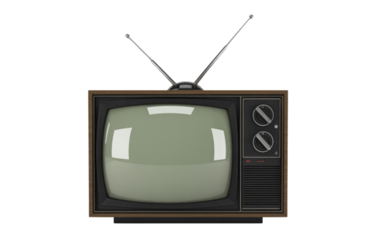 Vintage analog television with rabbit ears antenna, isolated on transparent background. background removed