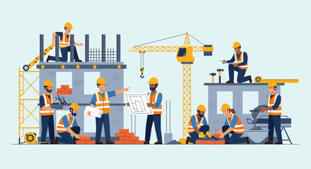 Construction workers building a structure with crane and blueprints.