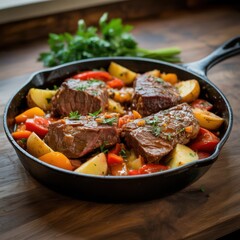 Fototapeta premium Hearty beef stew with potatoes, carrots, and tomatoes slowcooked in a cast iron skillet with fresh parsley garnish