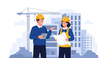 Construction workers discussing plans at a building site with crane and buildings.