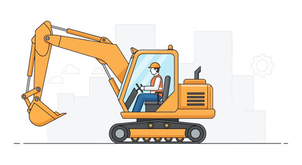 Illustration of an excavator with a construction worker operating it.