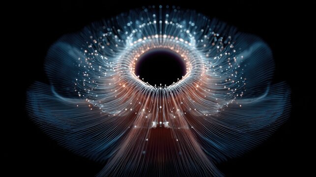 Abstract digital vortex with glowing particles and flowing lines creates a mesmerizing, futuristic, and energetic visual experience for technology or science themes.