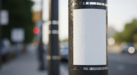 Urban setting, a pole is prominently featured with a blank white poster or paper attached to it. The pole has metallic bands at the top and bottom.