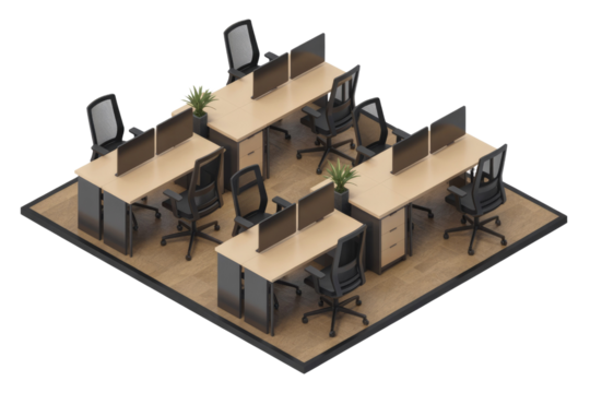 Isometric view of a modern office workspace with multiple desks, chairs, and computers. background removed