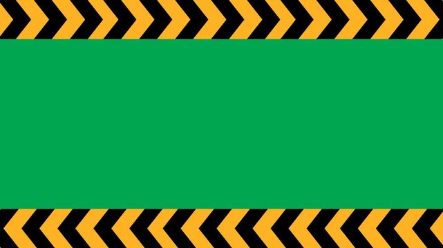 Black and yellow chevron tape frame seamless loop animation with two directions moving horizontally left and right on green screen. 4K animated caution frame for attention banner and safety overlays.