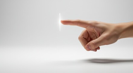 Human Hand with Luminous Finger Tapping Invisible Screen, Digital Interaction Concept.