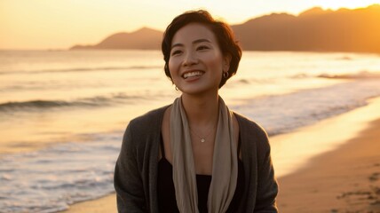 A smiling young asian woman walks along a sandy beach at sunset, enjoying the warm golden light and ocean breeze