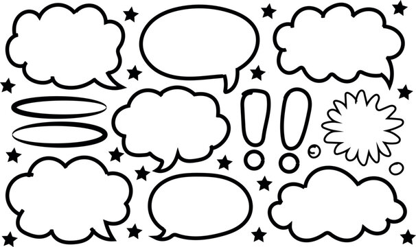 Various speech bubble shapes hand drawn with stars and exclamation points