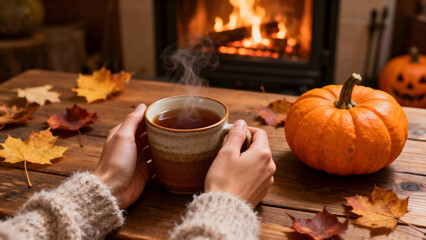 Warm autumn evening with cup of tea by the fireplace and pumpkin on wooden table