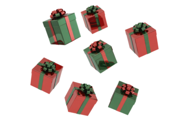 Multiple red and green gift boxes with bows are falling against a transparent background. background removed