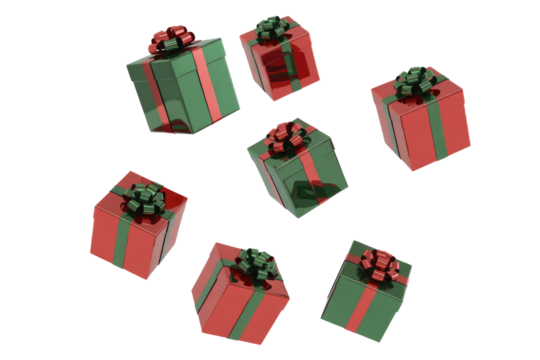 Multiple red and green gift boxes with bows are falling against a transparent background. background removed
