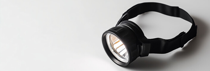 Headlamp with Adjustable Straps on White Background: Realistic Photo with Copy Space
