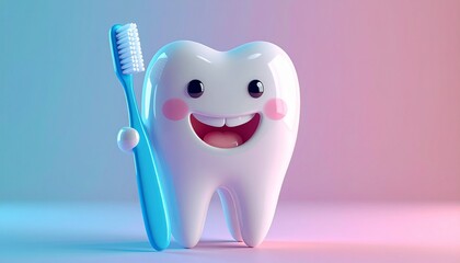 Cute cartoon tooth character holding a toothbrush, representing dental hygiene and oral care with a happy and friendly expression