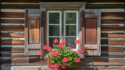 Closeup of a rustic log cabin window with vibrant red geraniums in a wooden planter box and weathered shutters
