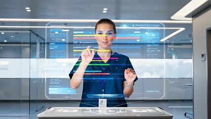 Female Asian Nurse Engaging with Advanced Technology in a Modern Healthcare Environment
