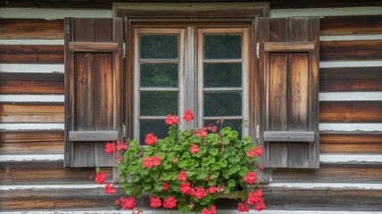 Rustic wooden window with vibrant red geraniums in a flower box against a weathered log cabin wall