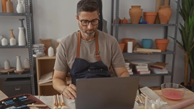 Man wearing apron and glasses typing on laptop at pottery workbench in studio with tools and clay pots on shelves; creative concentration.